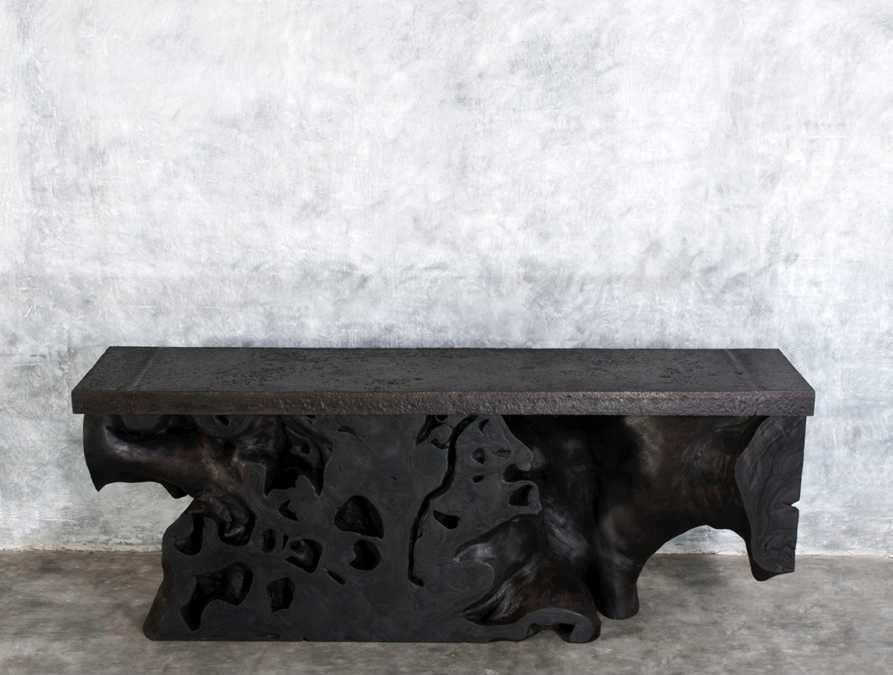 Pair of consoles in Zebrano root with old iron top